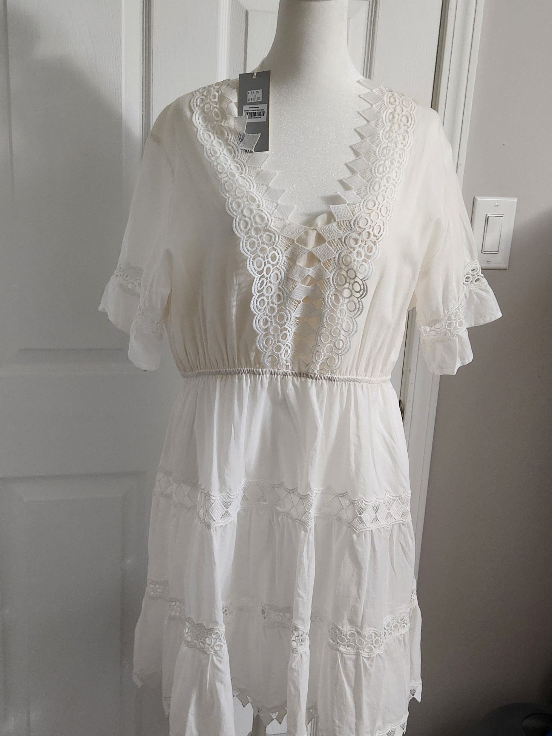 Resort Beach Dress. Women's Cream Lace-Trim Tiered Dress